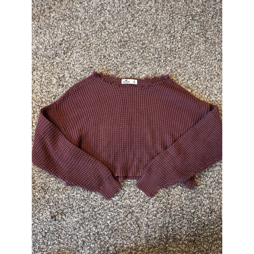 Hollister Womens M Burgundy Waffle Knit Cropped Sweater Distressed Raw Neck